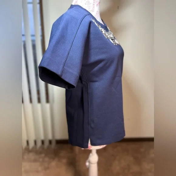 JCrew short sleeve navy blouse top silver jewels and white beads size XS - Picture 4 of 6